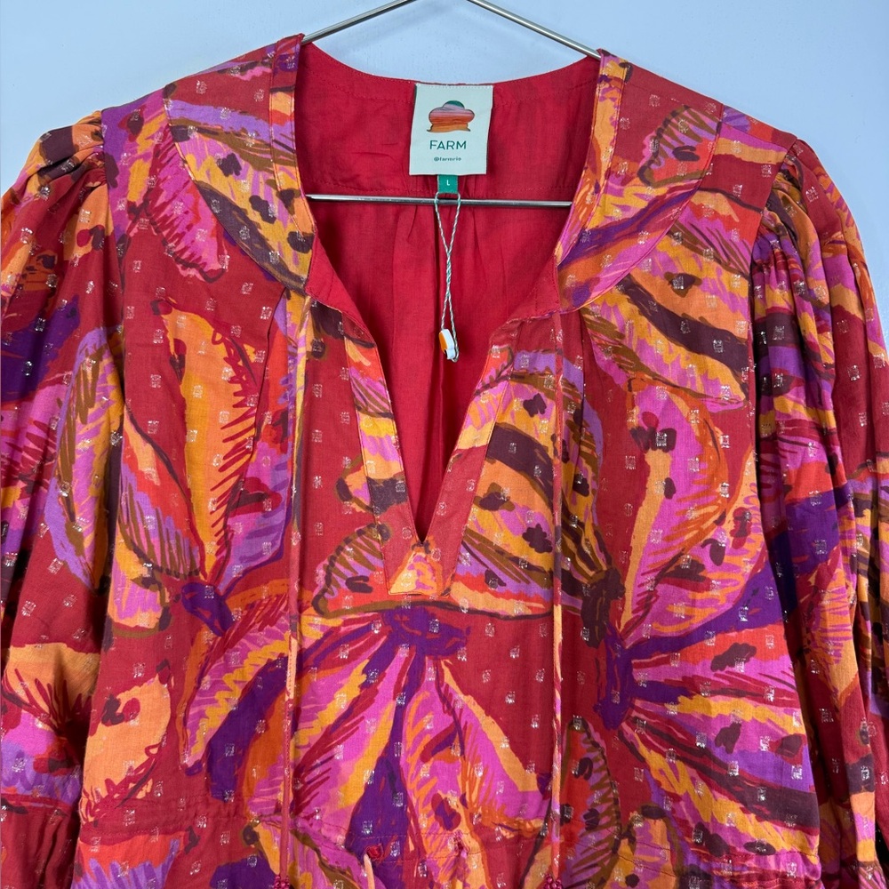 Farm Rio banana juice, pink and red, tropical, long sleeve tiered, mini dress L - Picture 11 of 12